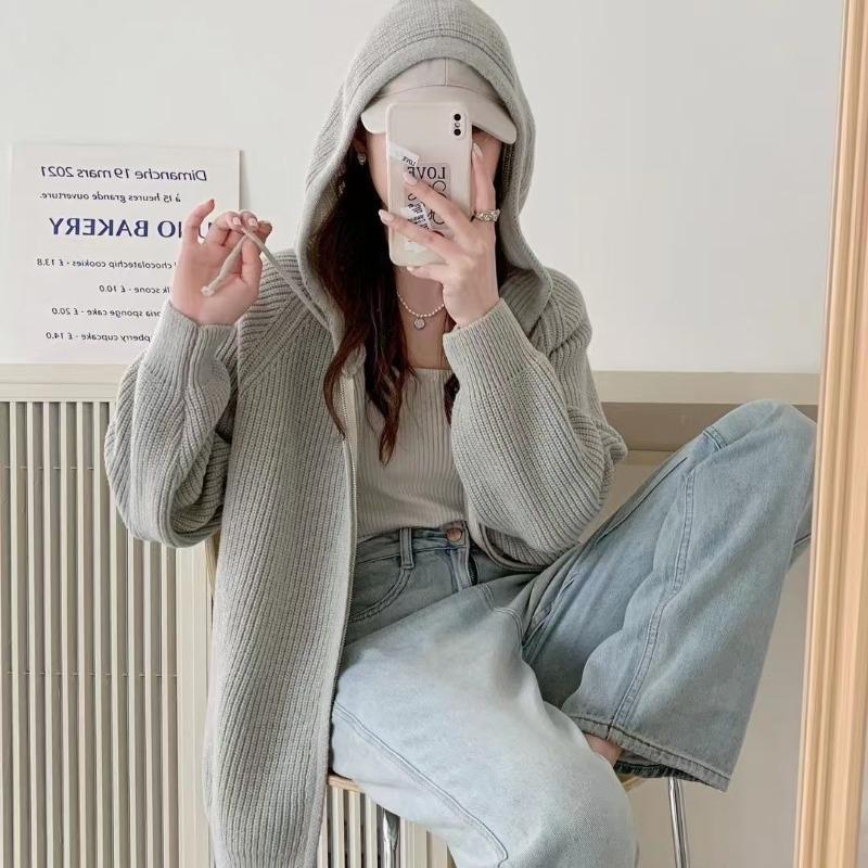 

Autumn and winter hooded knitted sweater women s versatile design zipper drawstring lazy soft waxy cardigan top