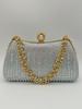 Exquisite Sparkling Rhinestone Embellished Pearl Topped Chain Strapped Evening Clutch in Black Silver and Champagne Colors