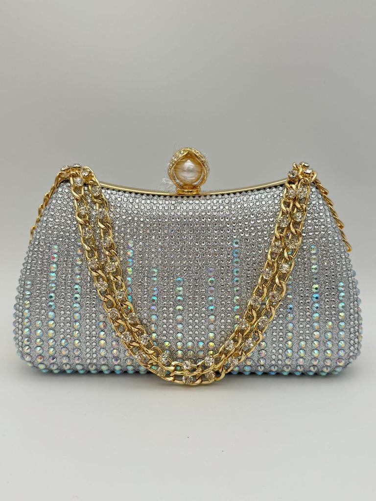 Exquisite Sparkling Rhinestone Embellished Pearl Topped Chain Strapped Evening Clutch in Black Silver and Champagne Colors