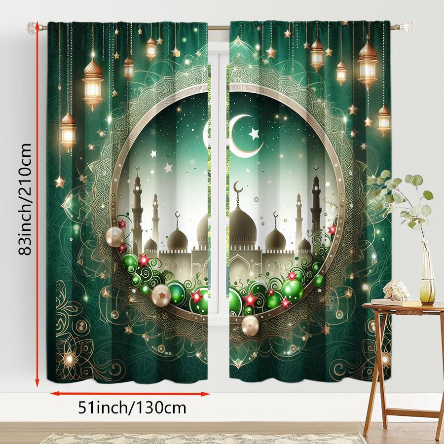 2pcs Opulent Green Mosque & Lantern Curtains, Ideal for Ramadan/Eid Window Decor, Luxe Home Living Room Bedroom Decor