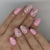 24Pcs Almond Press On Nail Flower Design French Fake Nail Acrylic False Nail,Artificial Nail Glues On Nail for Womens