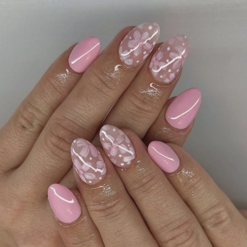 24Pcs Almond Press On Nail Flower Design French Fake Nail Acrylic False Nail,Artificial Nail Glues On Nail for Womens