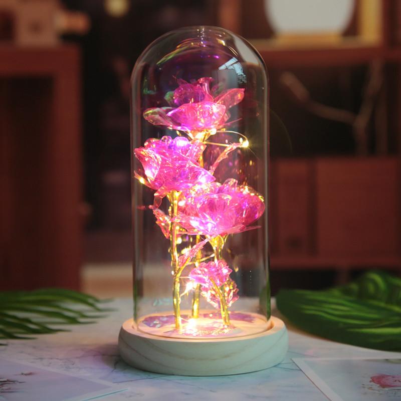 Three Gold Rose Glass Cover Ornament, Creative Valentine's Day Gift, Luminous LED Night Light