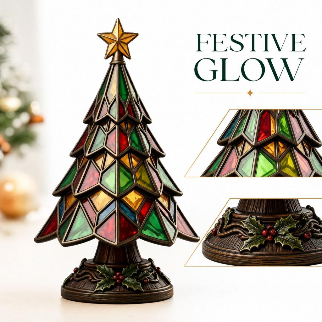 Colorful Stained Glass Christmas Tree Night Light, Resin Glowing Desktop Decorative Lamp for Holiday Home Table Decor