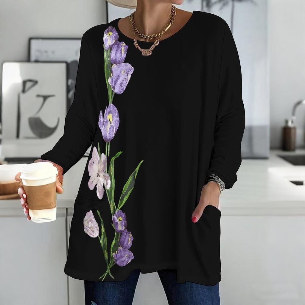 Plus Size Women Round Neck Long Sleeve Tee Soft Loose Tops For Daily Stroll And Indoor Rest