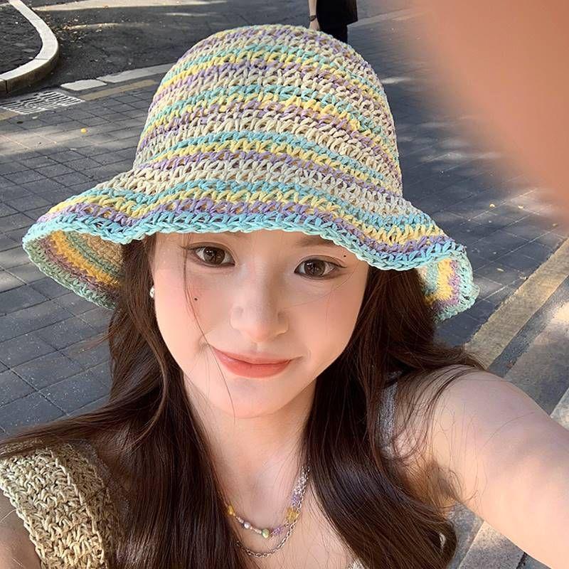 

2024 New Arrival Straw Bucket Hat Women s Summer Ins Breathable Face-Looking Small Bucket Hat Big Brim Sun-Proof Ins Macaron system, M(56-58cm) Default Size