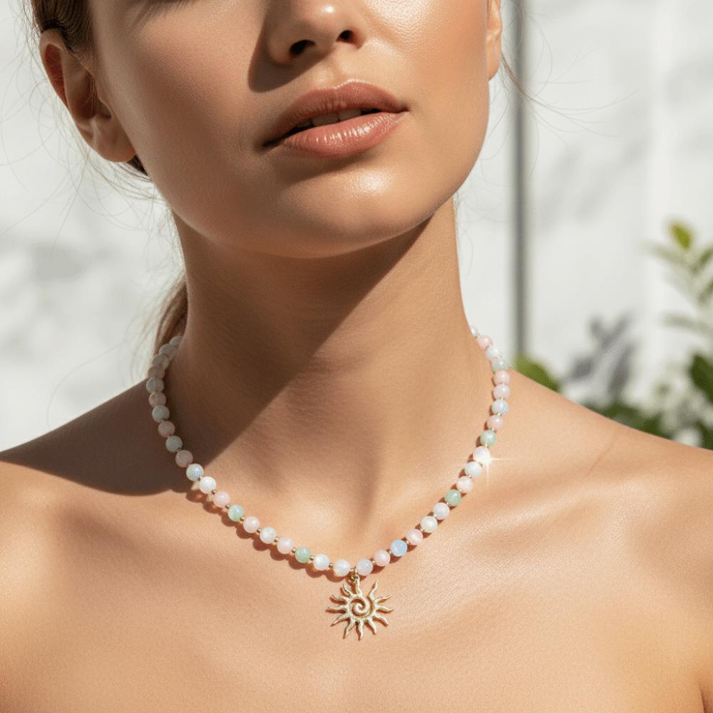 Gold Plated Sun Pendant Necklace UV Reactive Cat Eye Choker Beaded Bracelet Set Photoshoot