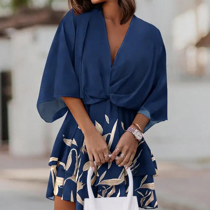 

VEZFAA Женская мода весна осень цветочный узор принт рукава 3/4 V-образный вырез средняя талия повседневные платья S