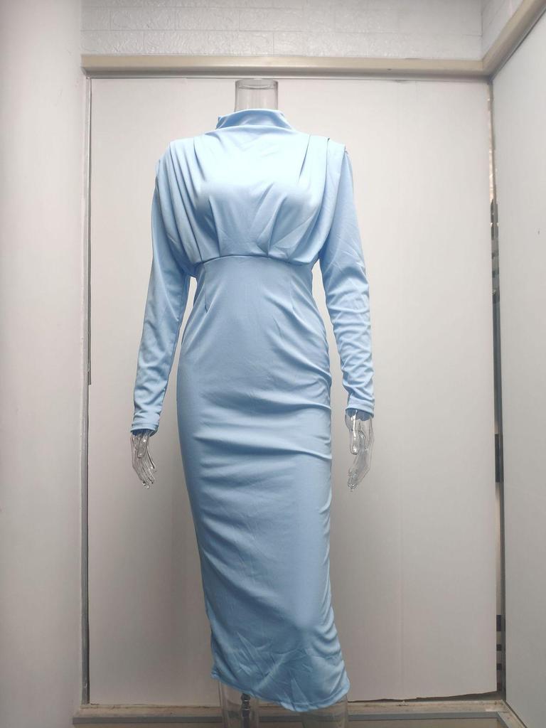 Mote Elegant Langermet Slim Fit Kjole Høst Ny Halvhøy Krage Løs Casual Enkel Lange Kjoler Ensfarvet Streetwear Høy Midje Klær