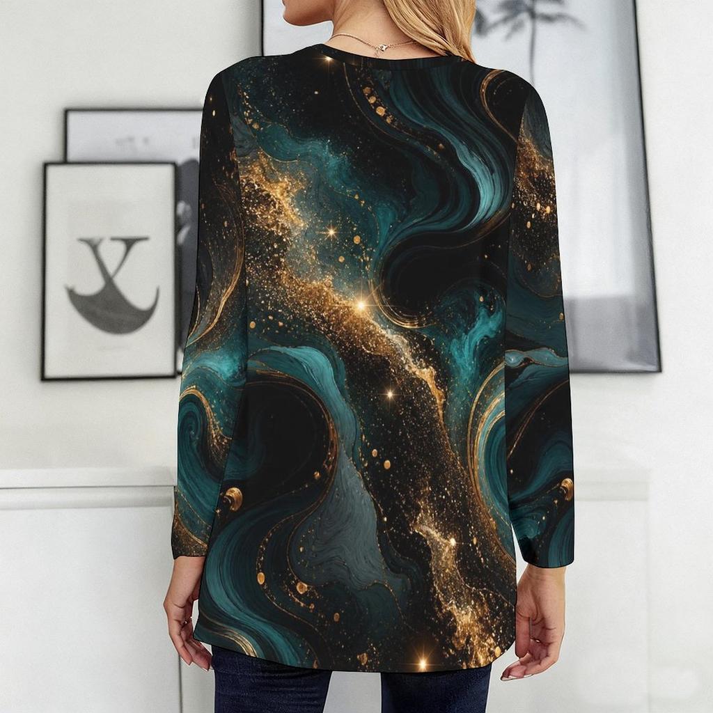 Women Plus Size Round Neck Long Sleeve Abstract Printed Red Black Loose Longline T Shirt With Pockets