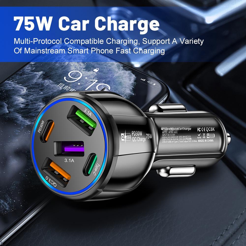 90W Dual-Circuit Car Charger with 75W Fast Charge, 3 USB Ports + 2 PD Ports