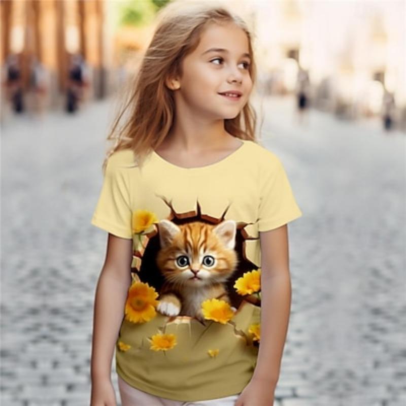 

Девочки Футболки с 3D-кошкой С короткими рукавами 3D-принт Лето Активный Мода Милый Полиэстер Дети 3-12 лет Круглый вырез На открытом воздухе На каждый день Повседневные Обычная посадка 160