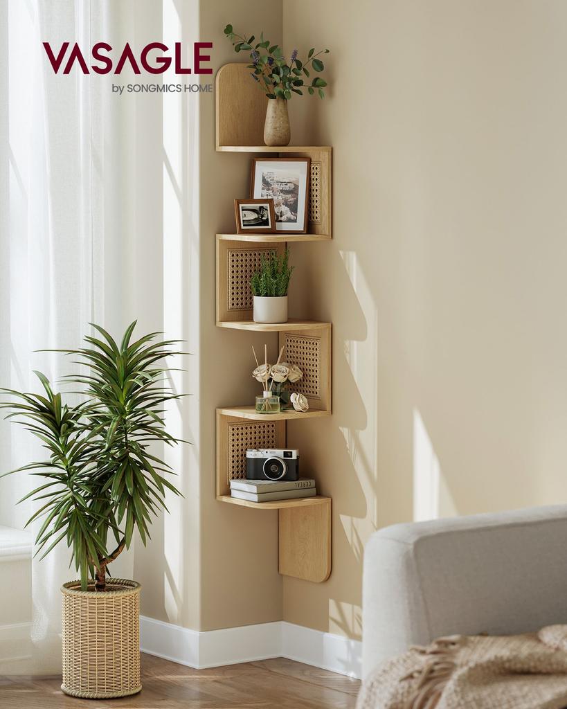 VASAGLE 5-Tier Corner Shelf, Wall Mounted Floating Shelf, Zigzag Corner Shelf Unit, PVC Rattan Sides, Space-Saving, for Kitchen, Living Room, Bedroom
