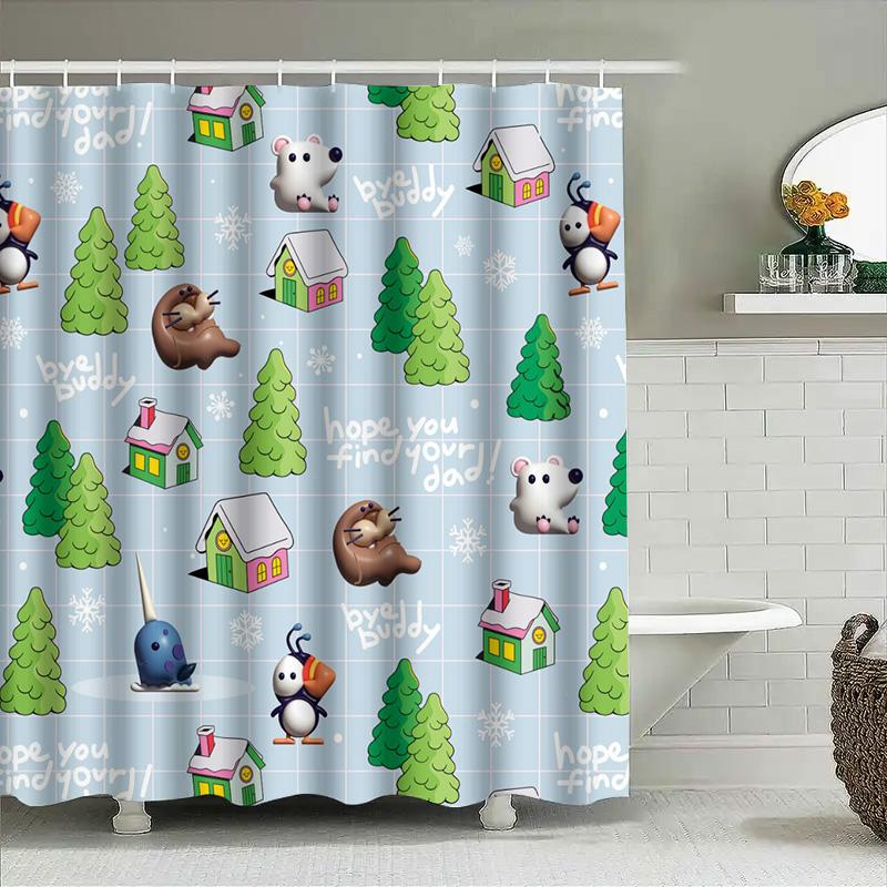 Whimsical Christmas Shower Curtain With Adorable Animal Design Blue Background Decorative Bathroom Liner For Home Decoration Gif