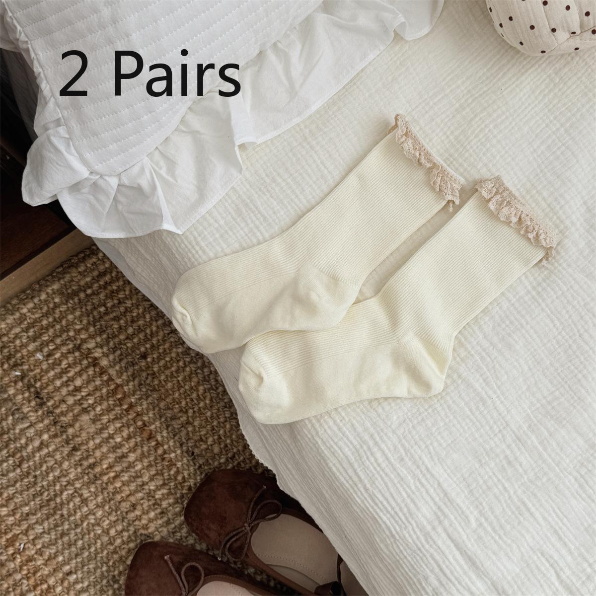 

2 пары милых кружевных носков до середины икры, весенне-осенние носки для девочек в балетном стиле, двухслойные носки 2 Pairs молочный белый