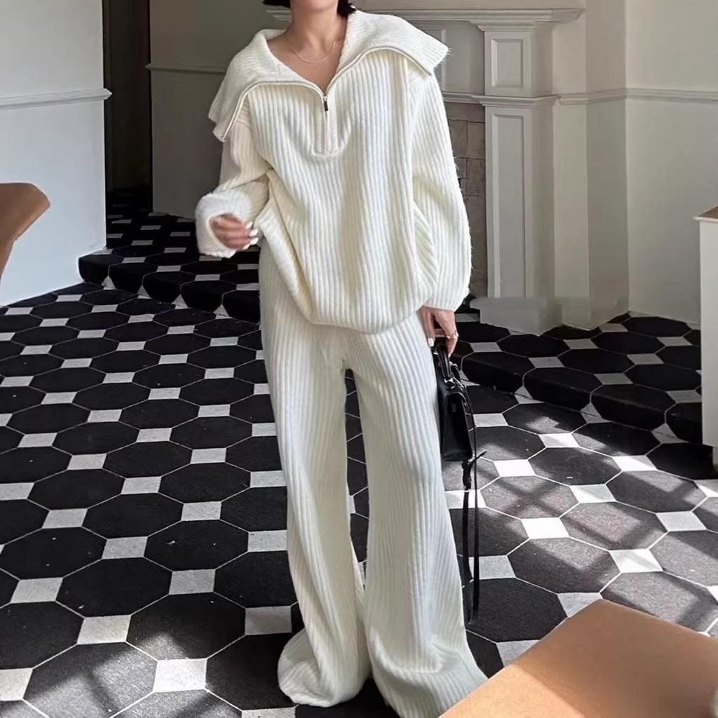 Autumn Winter Cross-Stitch Knitwear: Soft Sweater with Large Lapel & Wide-Leg Pants - Women's Casual Loose Two-Piece Set