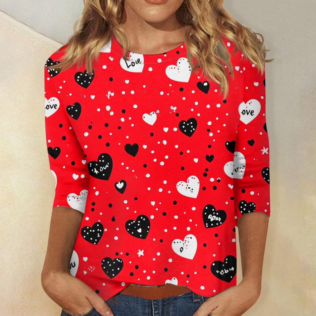 Women's Tops Three-quarter Sleeve Valentine's Day Shirt Round Neck Loose Casual Shirt