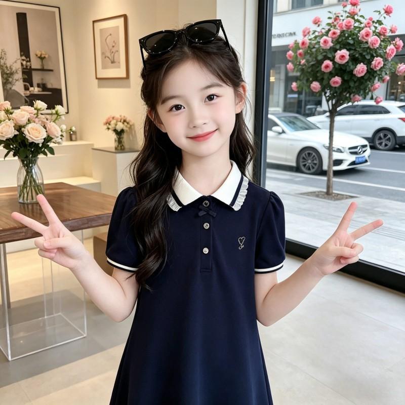 Girls Polo Collar Dress Kids Short Sleeve A-Line Princess School Style 8 Years Old