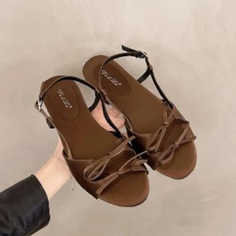 2025 Ladies Shoes Shallow Women's Sandals Summer Casual Butterfly-knot Plus Size New Open Toe Buckle Strap Flat Sandals
