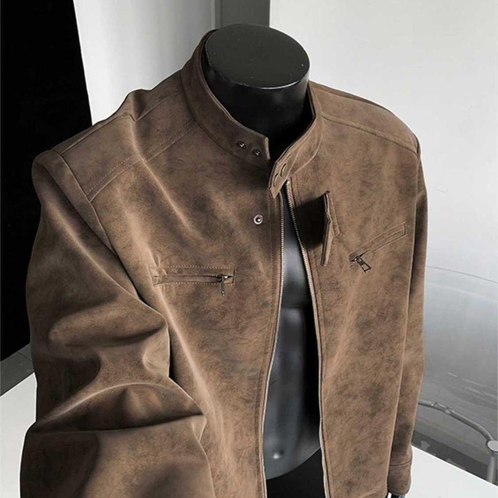 Trendy Brand Maillard Men's Stand Collar Leather Flight Jacket - Autumn Versatile Streetwear Outerwear