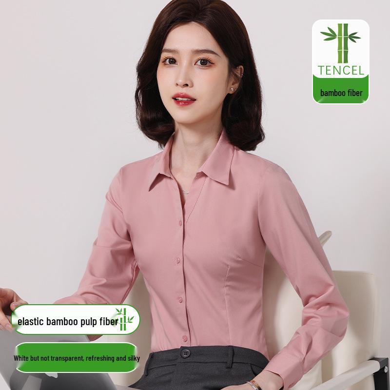 Women's Slim Fit Long Sleeve Bamboo Fiber Anti-Wrinkle White Shirt for Business or Casual Wear