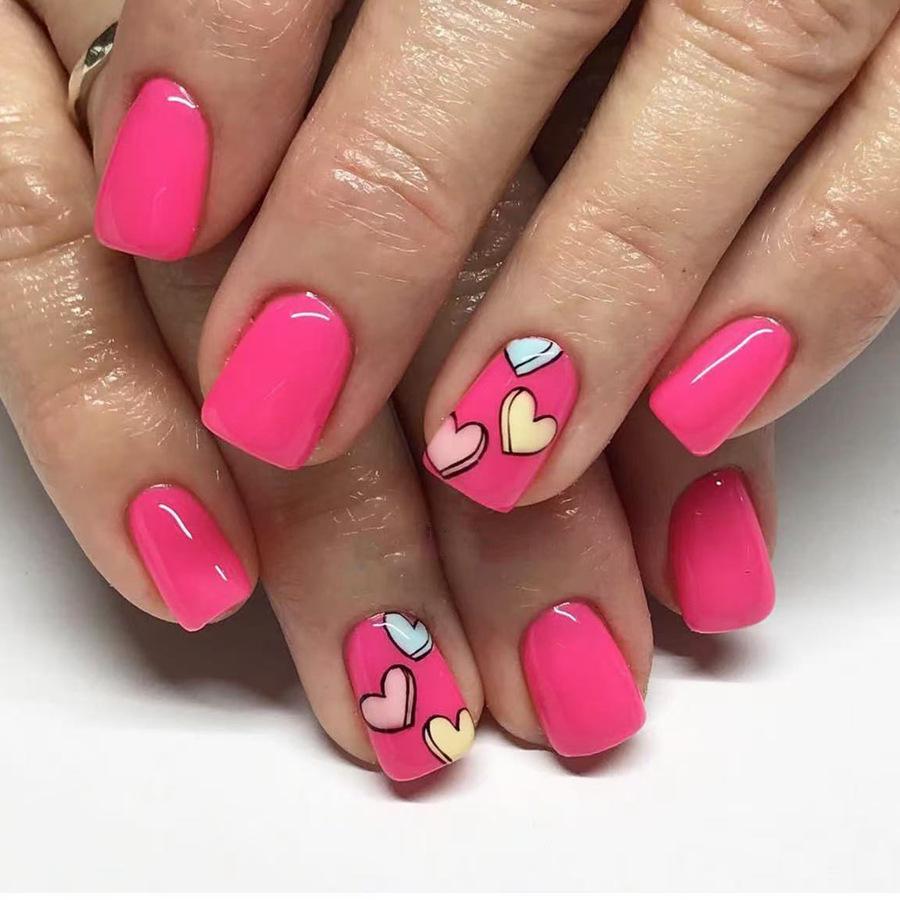 

Valentine s Day 2025 Multicolor Heart Glossy Square Press-On Nails - 24 Pieces