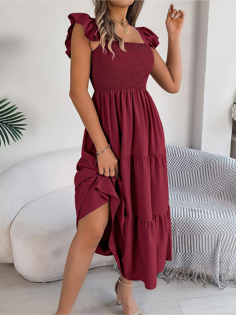 Square Neck Solid Color Dress High Waist Elegant Ruffle Edge Dress for Women Sleeveless Loose Dresses Causal Dress
