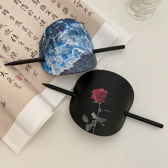Chinese Style Hair Stick Rose Flower Printing Faux Leather Decor Hair Chopsticks DIY Hairstyle Accessory