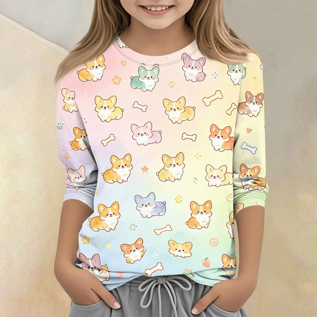 Kids Animal Print Crew Neck 3/4 Sleeve Casual T Shirt Soft Fabric Lightweight Comfortable Fit for Everyday Wear