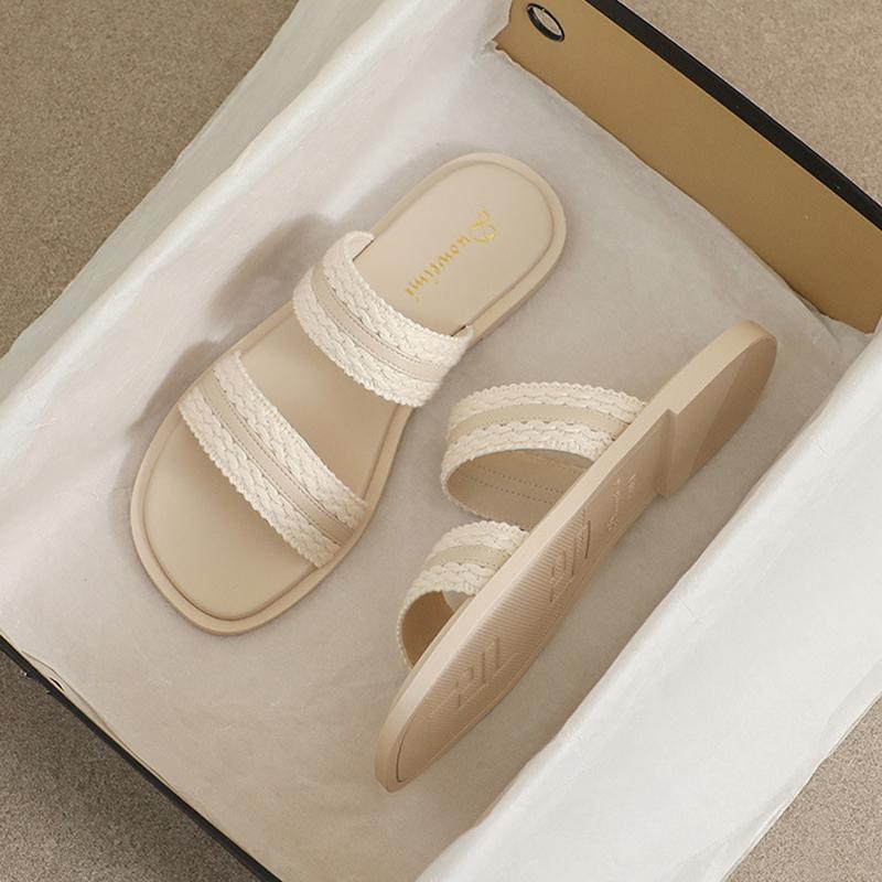 

Fashion Double Fabric Knitted Band Sandals Women Flat Heels Slippers Open Toe Beach Slides Ladies Slip On Flipflops Plus Size Sandalias 40 чёрный