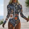 Women Plus Size Long Sleeve High Neck Front Zipper Leaf Geometric Print One Piece Swimsuit