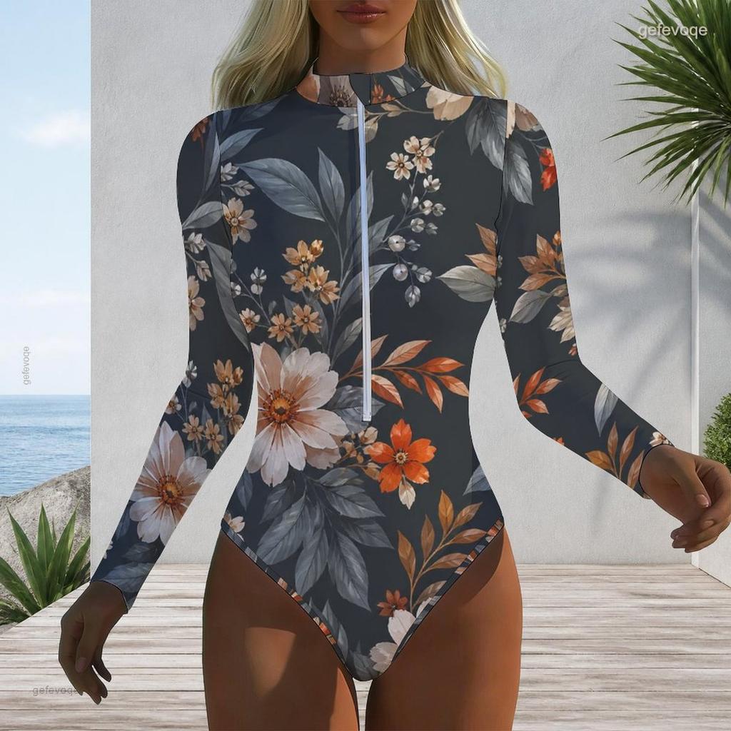 Women Plus Size Long Sleeve High Neck Front Zipper Leaf Geometric Print One Piece Swimsuit