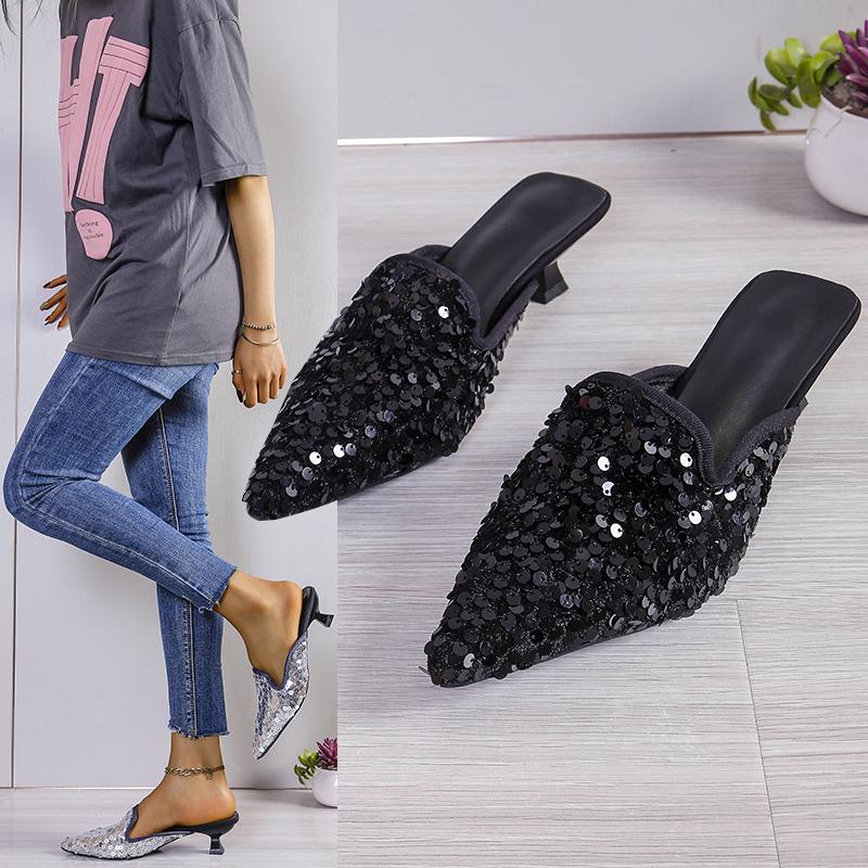 Fashion Summer and Autumn New High-heeled Toe-toe Slippers, Thin Heels, Fashionable and Trendy Women's Shoes, Outdoor Sequined Sandals