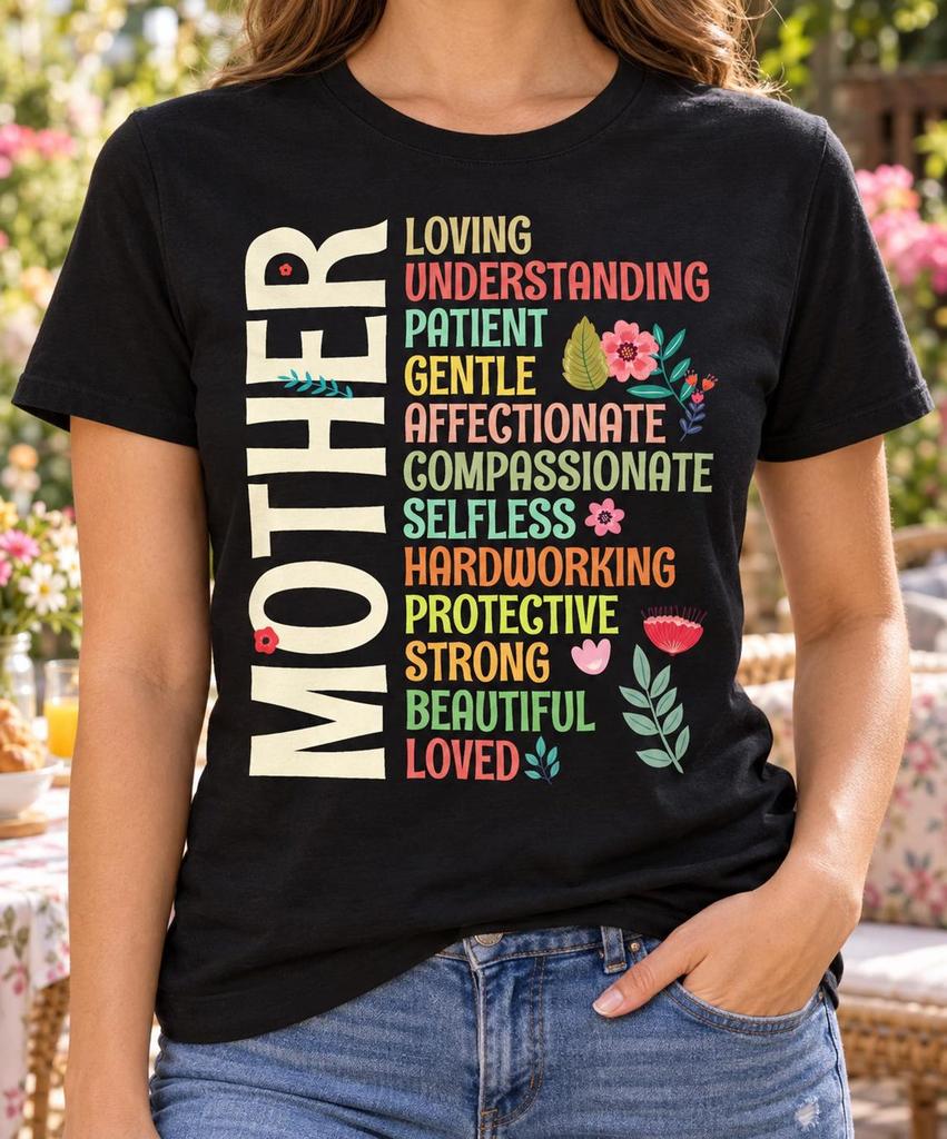 Mother T-Shirt, Floral Mom Appreciation Tee, Loving Strong Beautiful Words Design, Mother's Day Gift, Birthday Christmas, Family Love Outfit