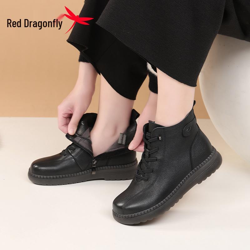 Red Dragonfly Women's Winter Genuine Leather Flat Booties with Thick Velvet Lining.