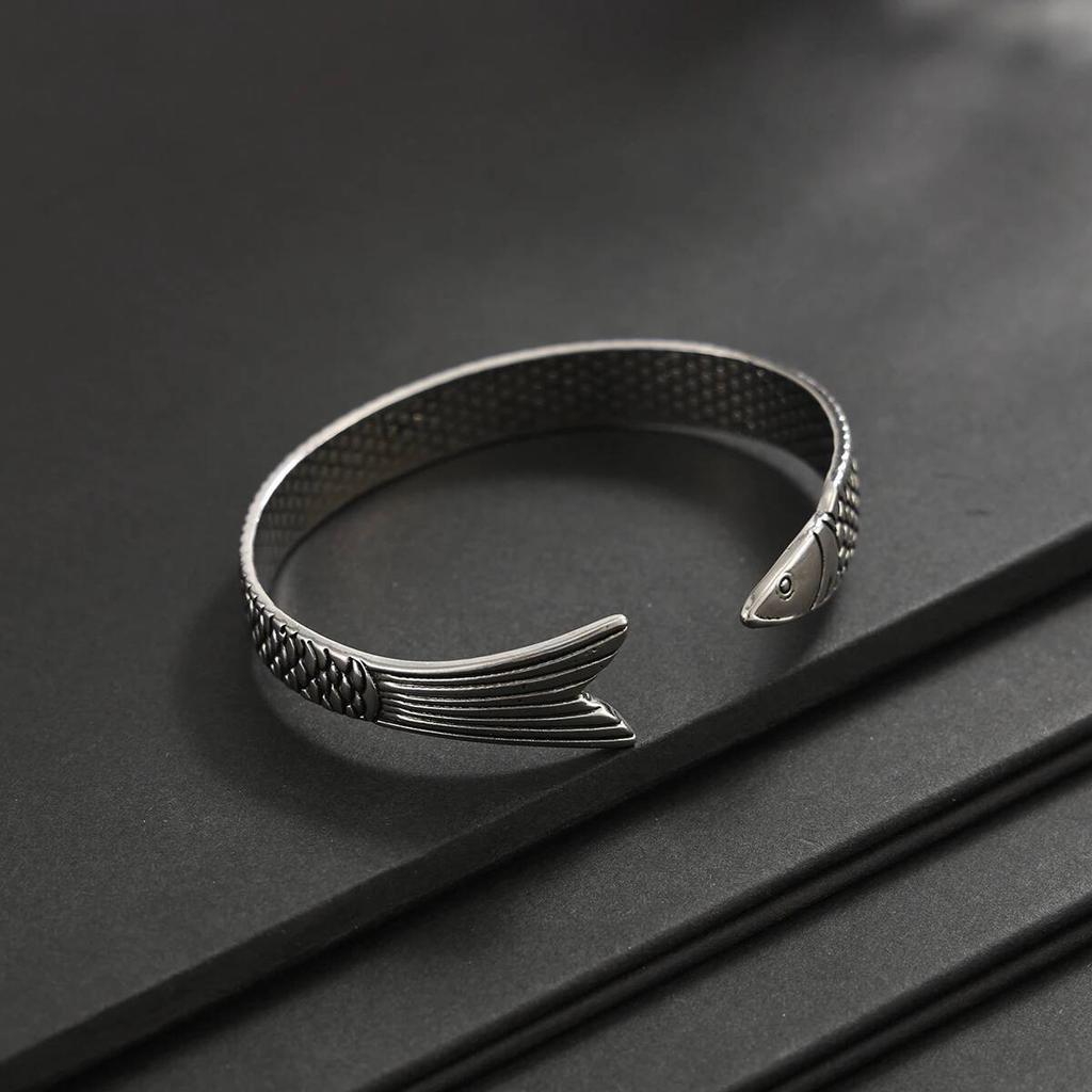 KunJoe New Creative Fashion Personality Lucky Fortune Fish Open Adjustable Bangle Men HipHop Silver Color Metal Bracelet Jewelry