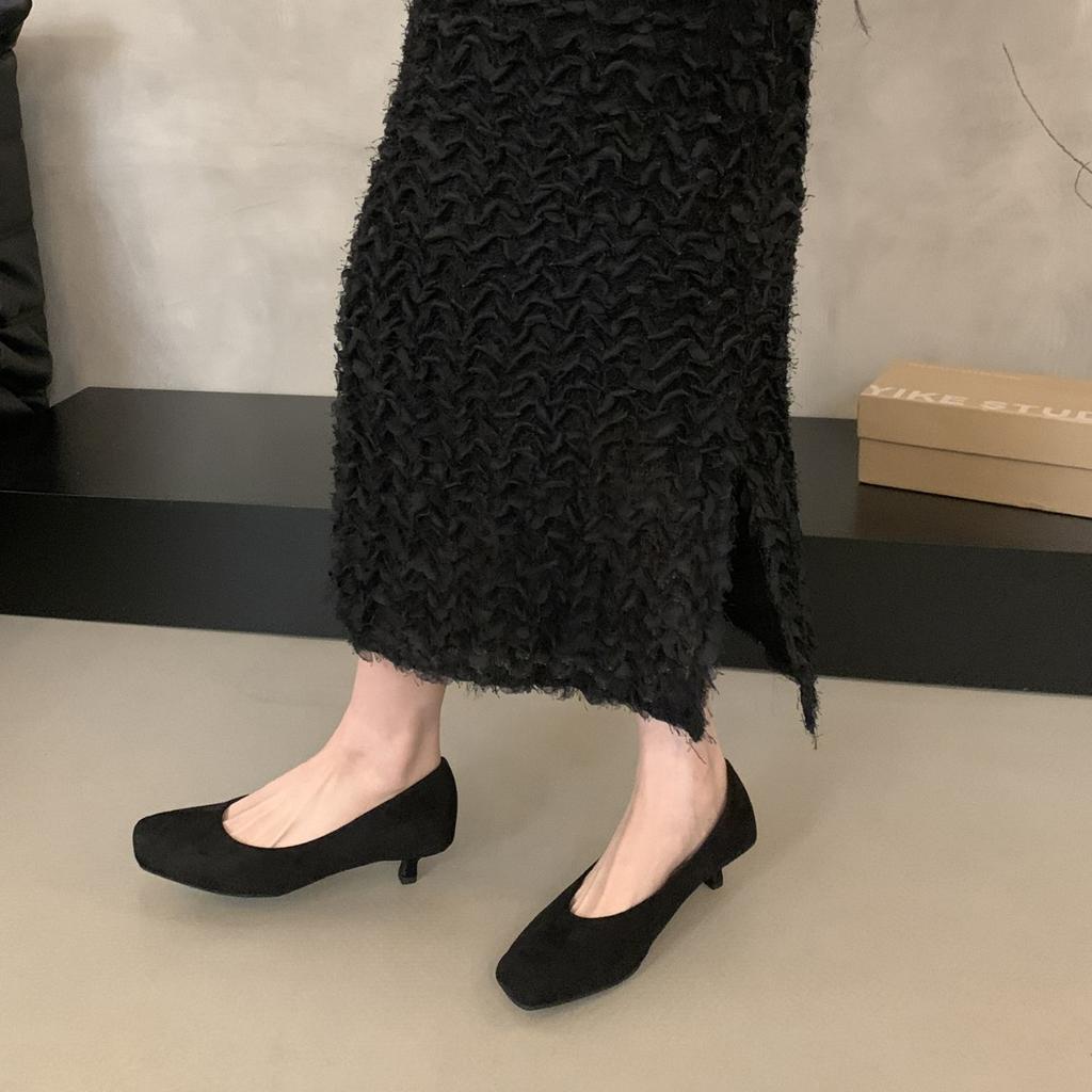 French kitten heel square head shallow mouth single shoes women's shoes spring and autumn 2025 new suede thin heel versatile evening shoes