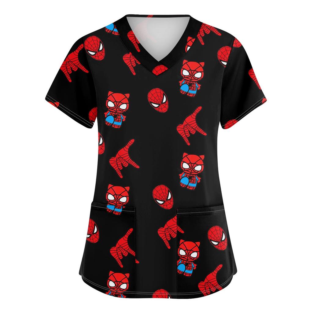 Women's Fashion V-neck Short Sleeve Workwear With Pockets Printed Tops