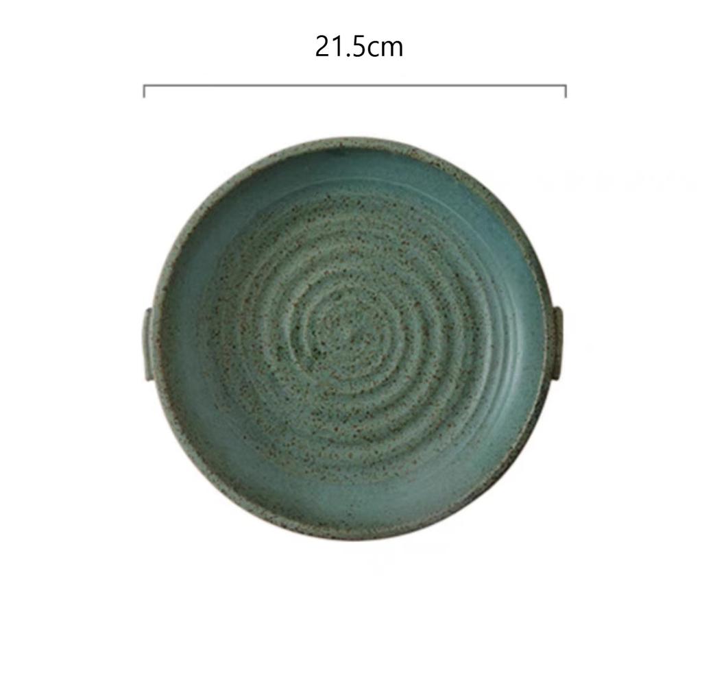 Double Ear Circular Dessert Plate Japanese Style Household Deep Plate Coarse Pottery Sushi Plate Household Tableware