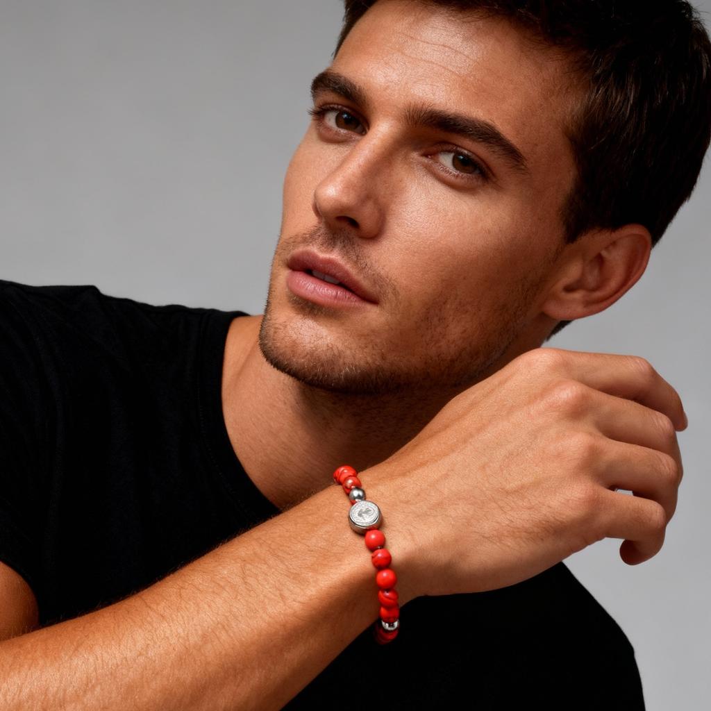 Heiliger Benedikt Edelstahlarmband für Herren, Armband mit roten Kiefernsteinen, Katholischer Christlicher Schmuck