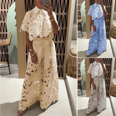 Women Spring Elegant Lapel Half-Sleeved Crop Top + Wide-Leg Pants Sexy Hollow 2-Piece Set