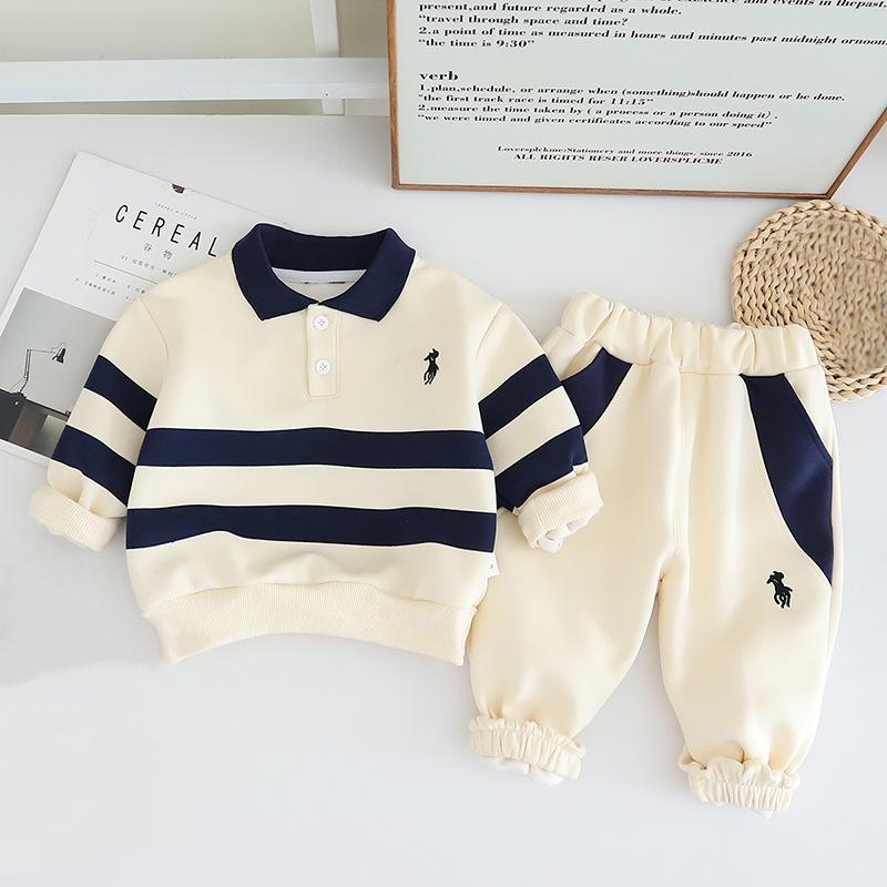 

2 шт./комплект детский комплект одежды модный детский свитер + штаны для мальчиков и девочек повседневные полосатые свитера весна-осень верхняя одежда костюм 90 бежевый