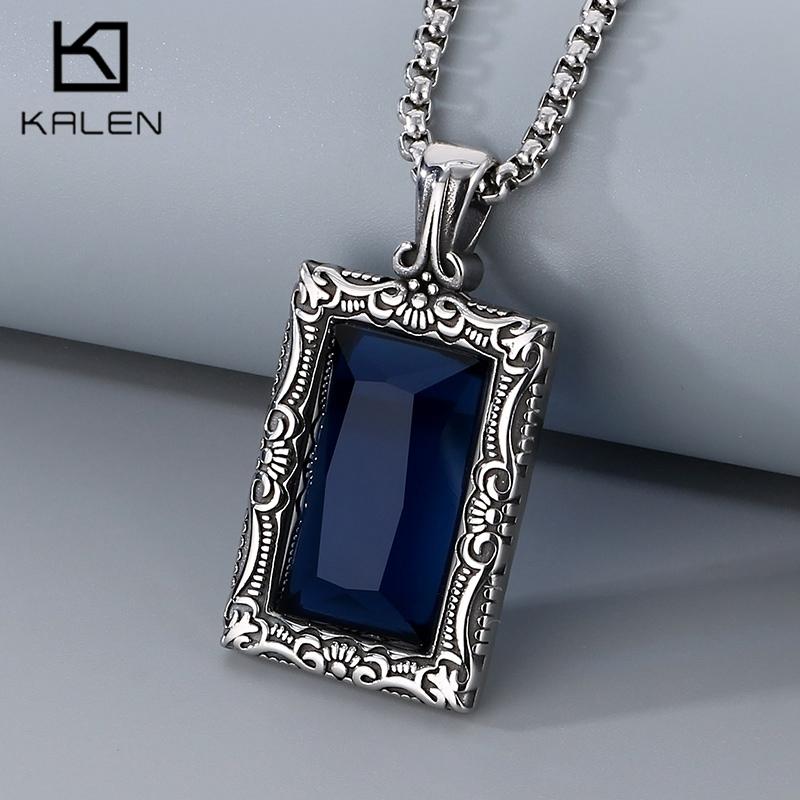 Hip Hop Personalized Black Gemstone Rectangle Pendant Necklace for Men Vintage Stainless Steel Charm Pendant Gift Trendy Jewelry