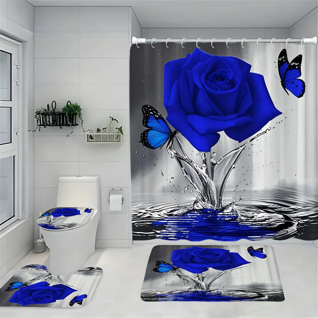 Dunkelblau Rose Schmetterling Muster Duschvorhang Set, Rutschfester Badezimmerteppich, Toiletten-U-förmiges Kissen, Toilettensitzbezug Kissen