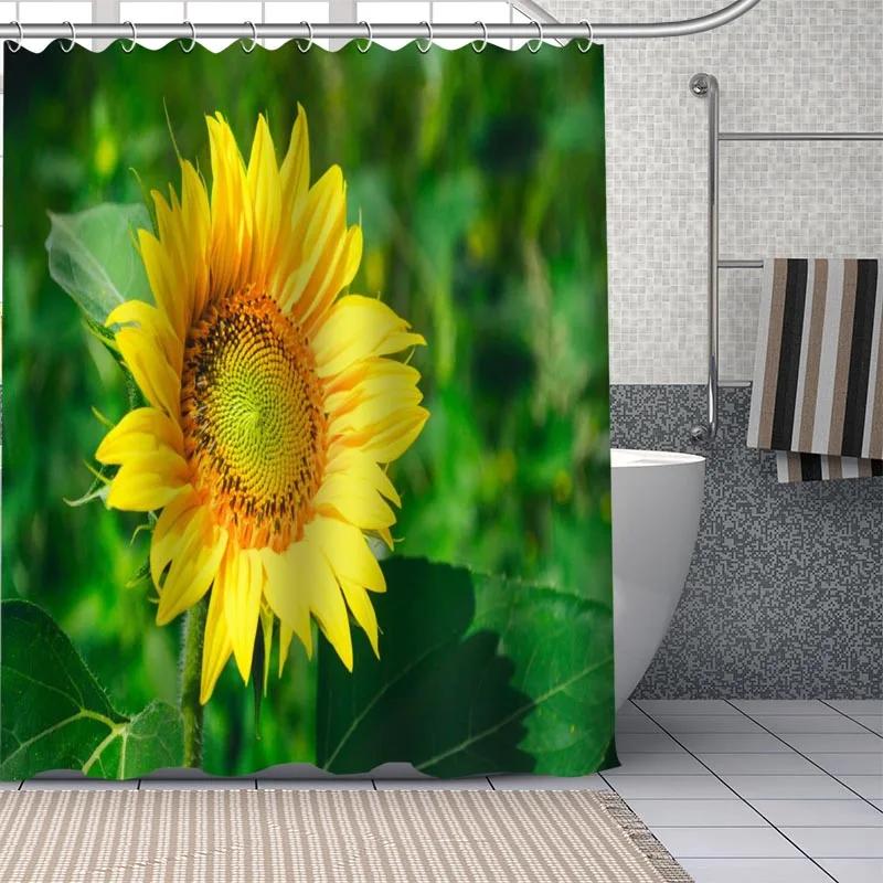 Frische Natur Sonnenblumen Kunstmuster Duschvorhang Badezimmer Dekoration Wasserdicht Polyestergewebe Badewannen-Bildschirm Mit Haken