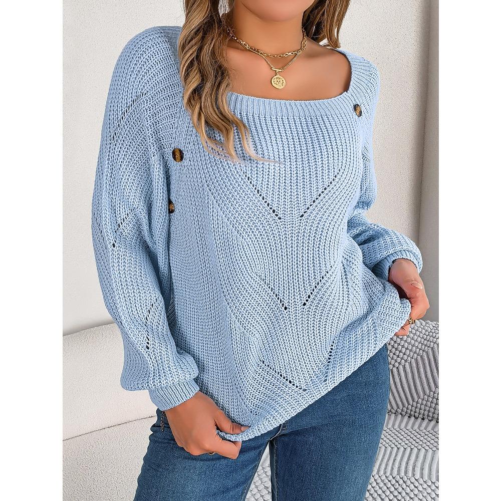 Modisches Damen Strickoberteil mit eckigem Ausschnitt, Knopfleiste vorne, einfarbig, zum Schnüren, mit Glockenärmeln