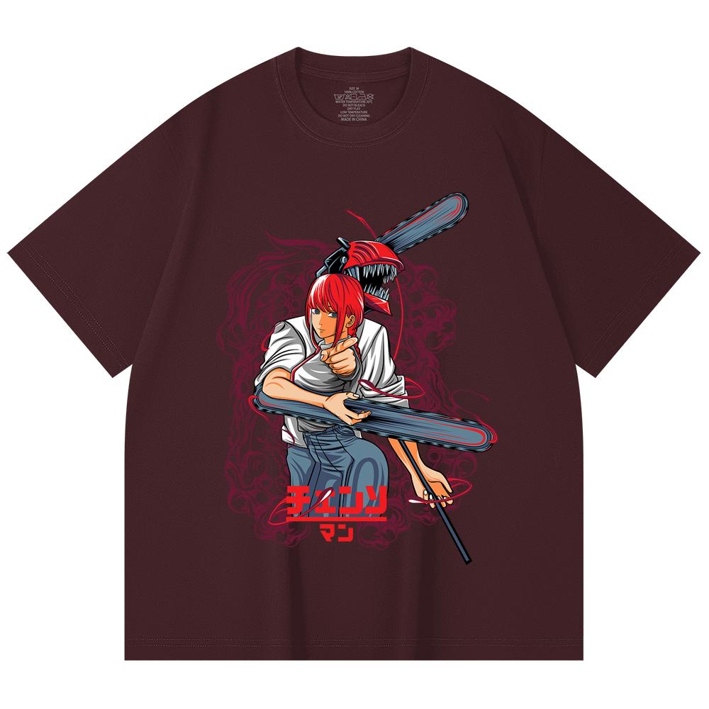 

230 Gsm 100% Cotton Chainsaw Man V42 Denji Makima Print Unisex Heavy Cotton T Shirt 2XL вина червоного кольору