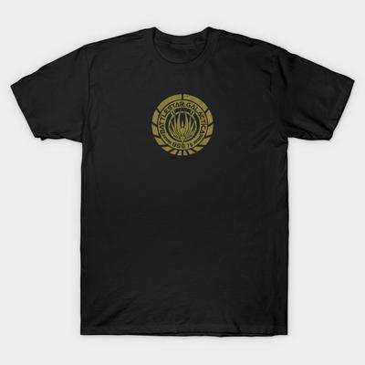 Men Black Print T-shirt Battlestar Galactica Crest No-Cut Heat Transfer Print Cotton Tshirt