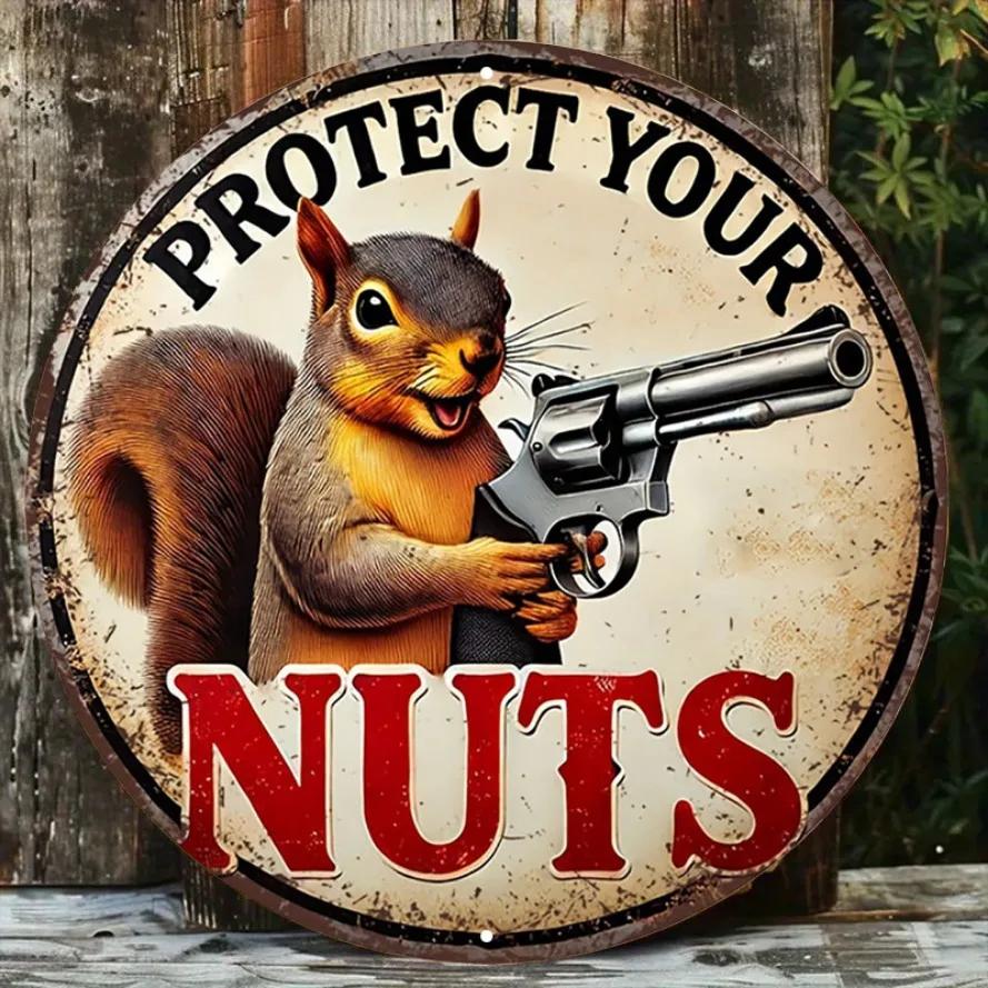 Tin PaintingProtect Your Nuts Squirrel Humor Vintage Aluminum Wall Art Sign For Bar Cafe Beach House Backyard Decor