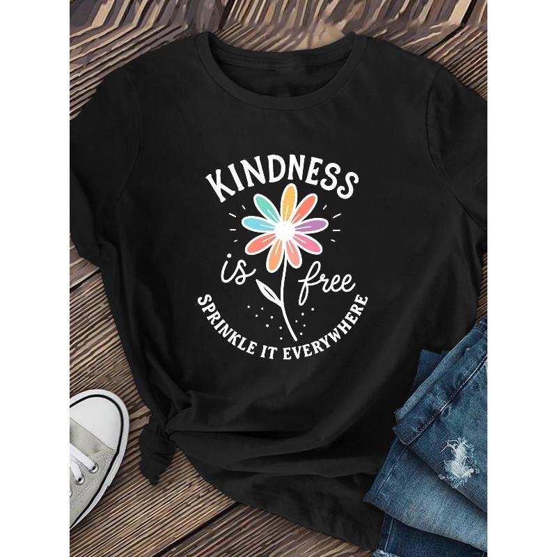 Women's "Kindness and Freedom" Floral Print T-Shirt New Casual Short Sleeve Summer Top